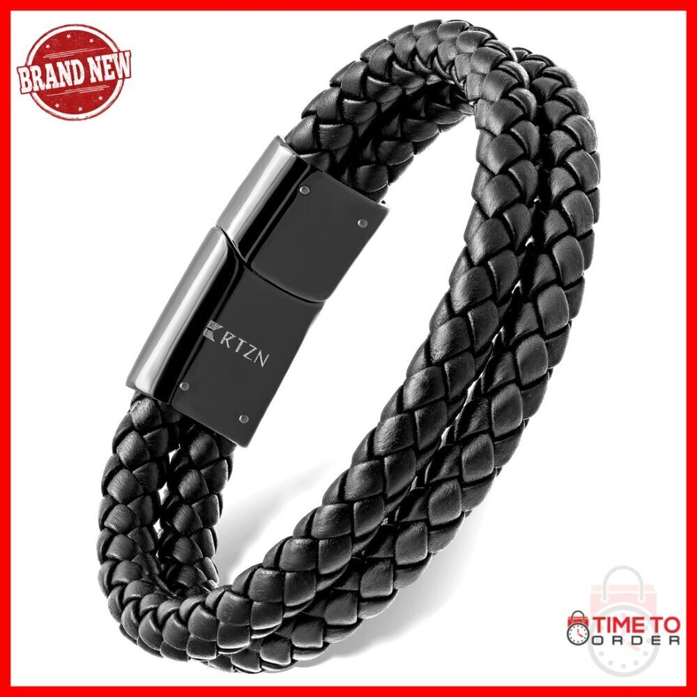 Men's Leather Bracelet with Onyx Stone Silver Chain Handcrafted Stackable